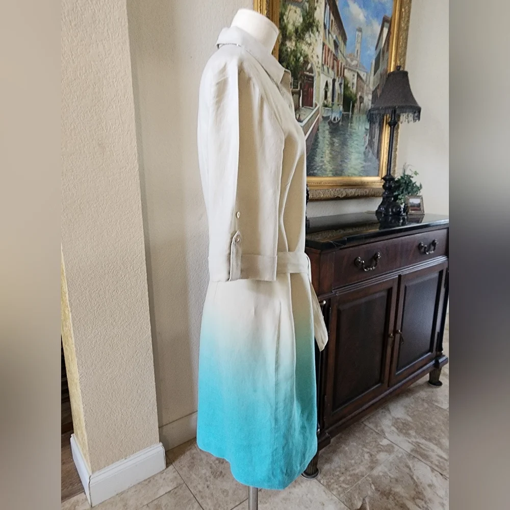 J. McLaughlin Beige and Teal Linen Knee Length Dress XS - Picture 6 of 11